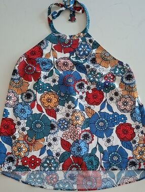 ModCloth White, Blue & Red Floral Boho/Mod/Retro Tie-neck Halter Top (Size XL)